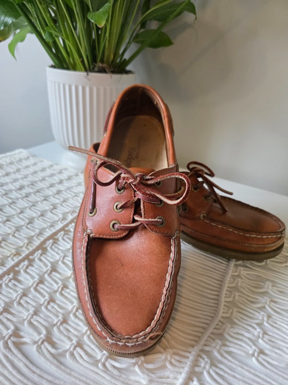 Rockport Vintage Cognac Tan Leather Boat Shoes Deck Loafers Mens
